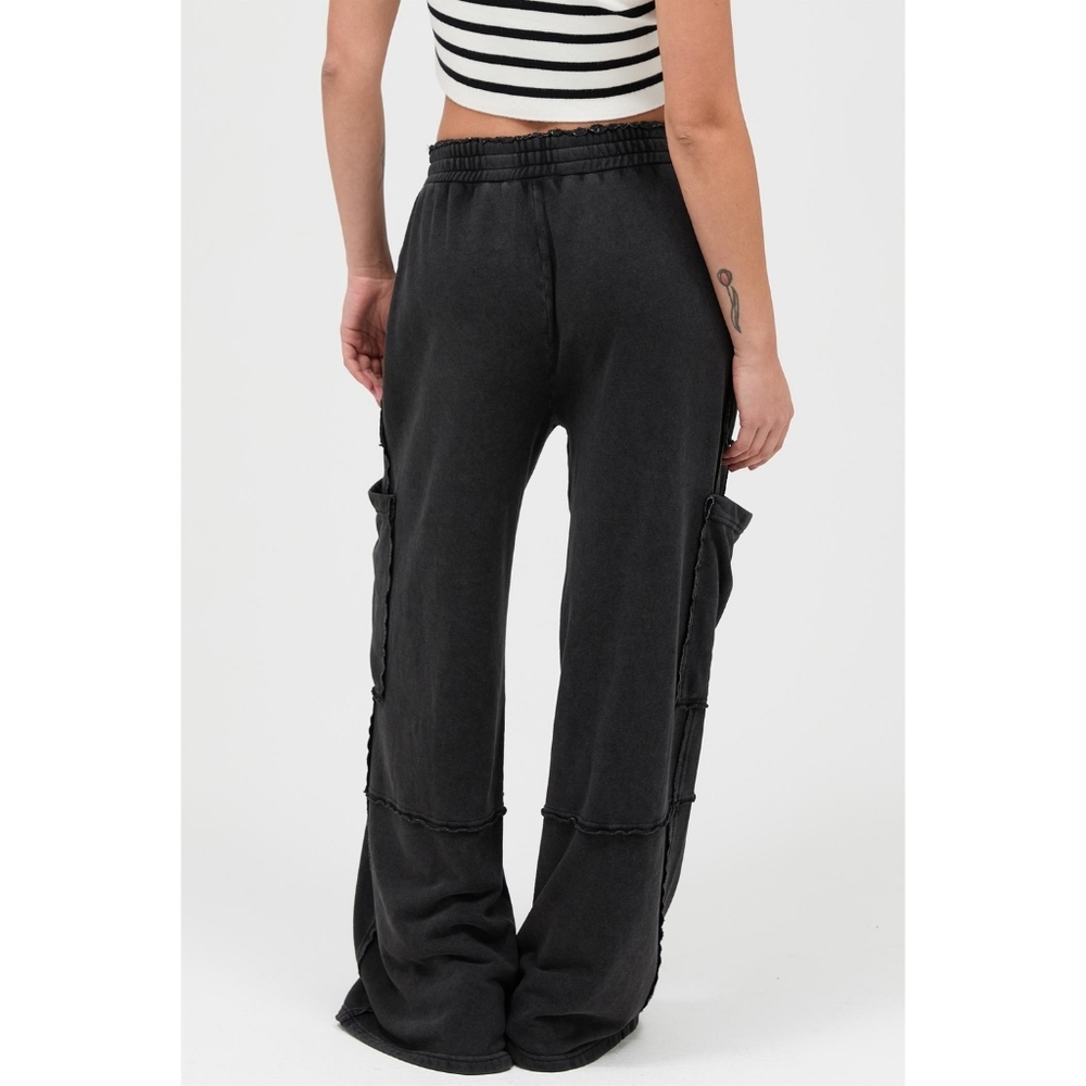 CloudDweller Black Mineral Washed Cotton Butter Soft Wide Leg Cargo Sweatpants - Picture 5 of 8